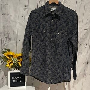 Wrangler Men's Dark Blue Paisley Pearl Snap Down Shirt Size L Preowned